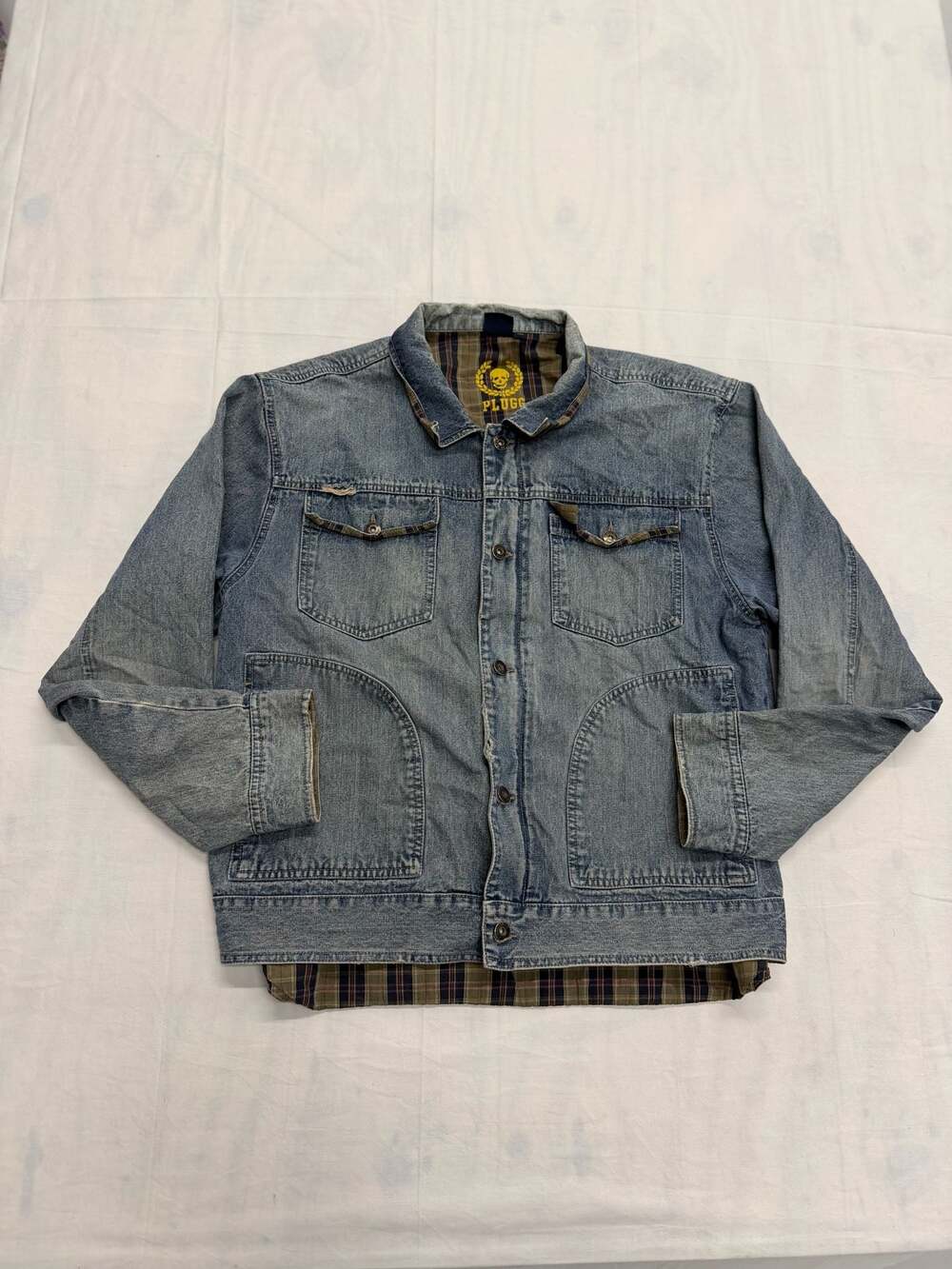Vintage Plugg Jeans Co. Plaid Lined Distressed Denim Jacket